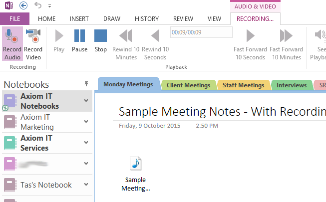 Audio recording in OneNote