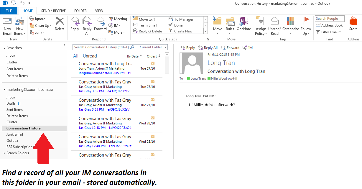 Photo showing where conversations are stored in Outlook