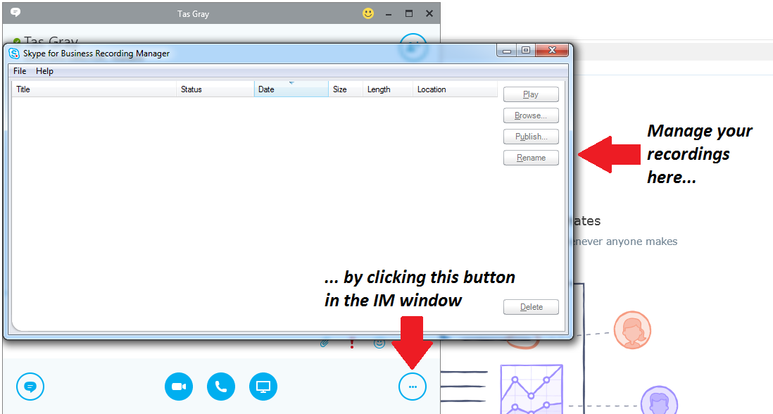 Photo showing how to access saved reocrdings on Skype for Business