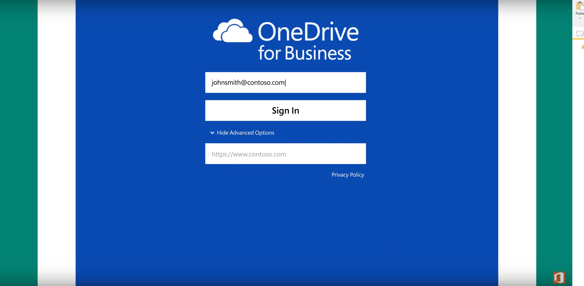 Logging into OneDrive for Business